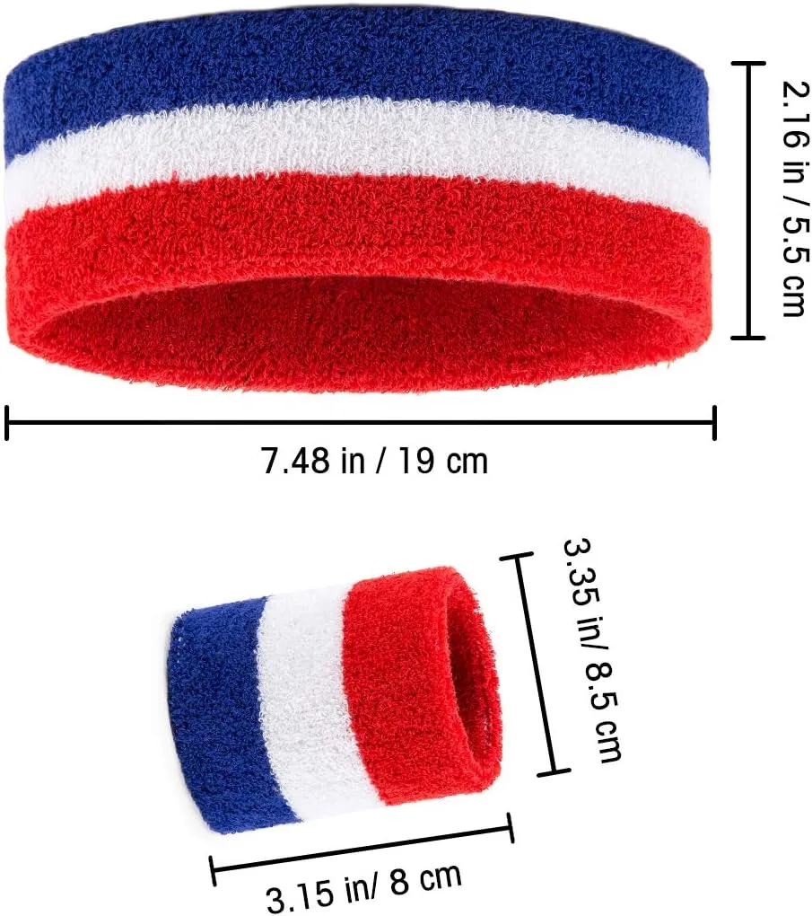 2 Sets Striped Sweatbands Set, 2 Pieces Sports Headband and 4 Pieces Wristbands, Colorful Striped American Flag Style for Men and Women