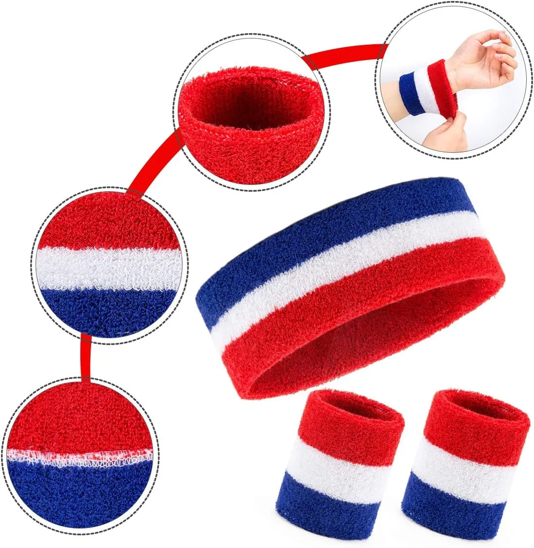 2 Sets Striped Sweatbands Set, 2 Pieces Sports Headband and 4 Pieces Wristbands, Colorful Striped American Flag Style for Men and Women