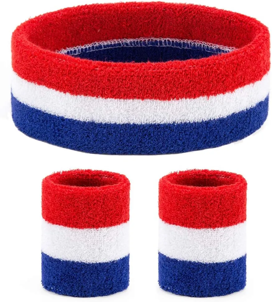2 Sets Striped Sweatbands Set, 2 Pieces Sports Headband and 4 Pieces Wristbands, Colorful Striped American Flag Style for Men and Women