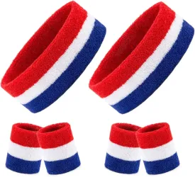 2 Sets Striped Sweatbands Set, 2 Pieces Sports Headband and 4 Pieces Wristbands, Colorful Striped American Flag Style for Men and Women