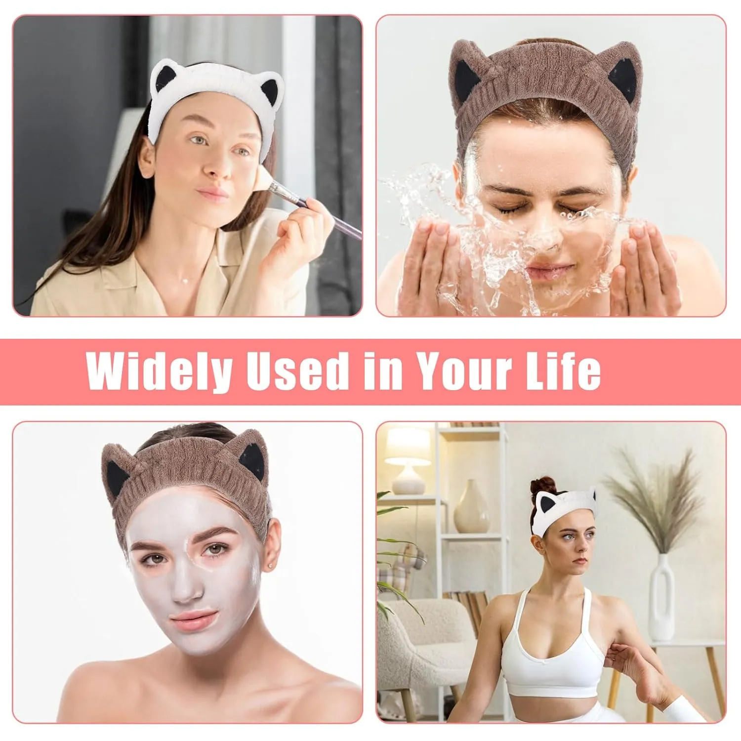 6 Pack Cat Ear Headband Set,Face Wash Headband and Wristband,Cute Cat Headbands for Washing Face,Large Claw Clips for Thick Hair,Soft Coral Fleece Cats Spa Headbands for Women Girls Facial Wash