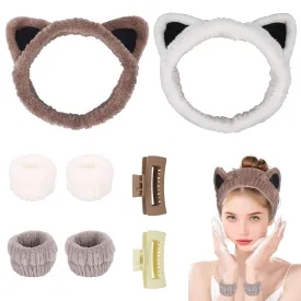 6 Pack Cat Ear Headband Set,Face Wash Headband and Wristband,Cute Cat Headbands for Washing Face,Large Claw Clips for Thick Hair,Soft Coral Fleece Cats Spa Headbands for Women Girls Facial Wash