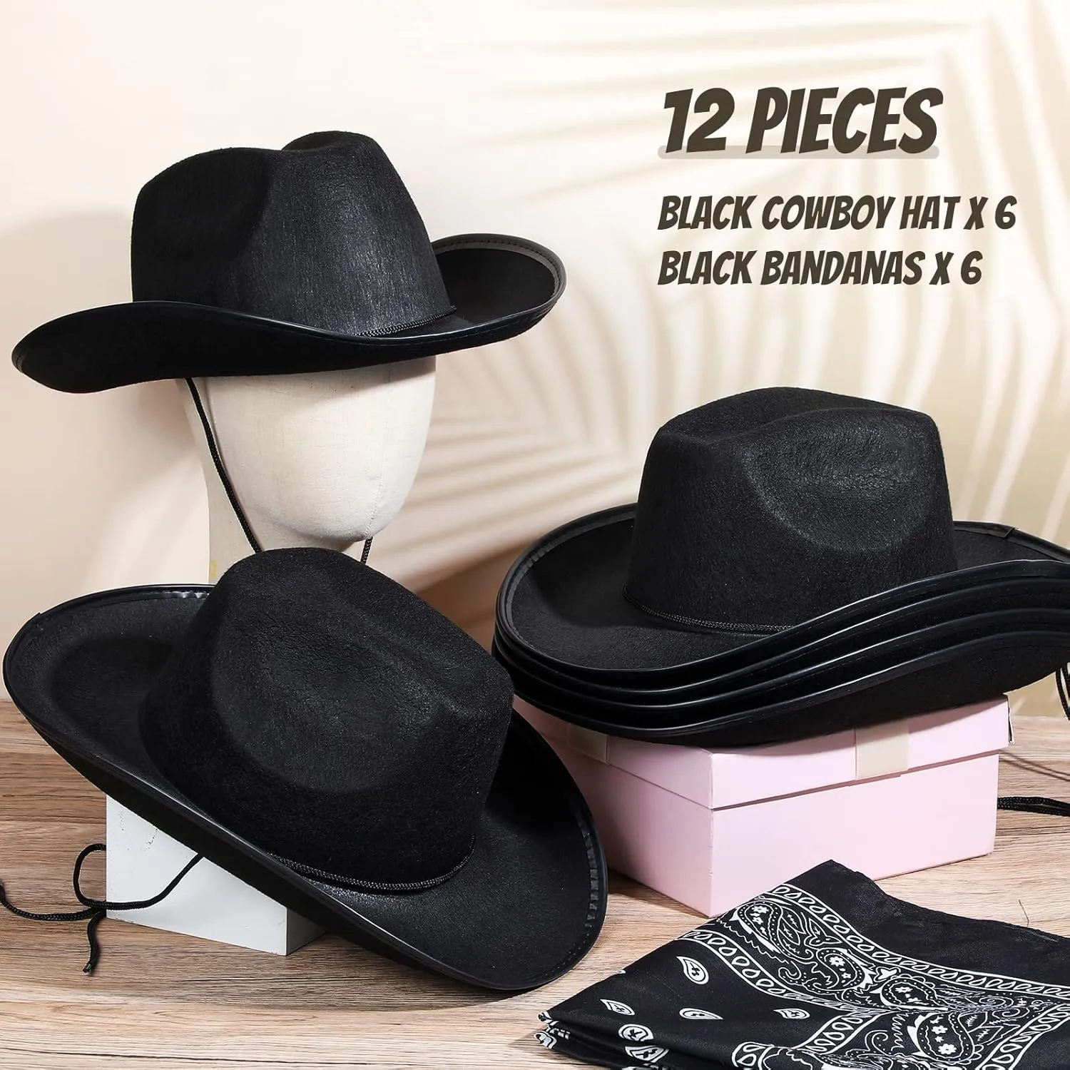 6 Sets Adult Cowboy Hat for Women and Men Western Cowgirl Hats with Adjustable Drawstring and Cowboy Party Paisley Bandana