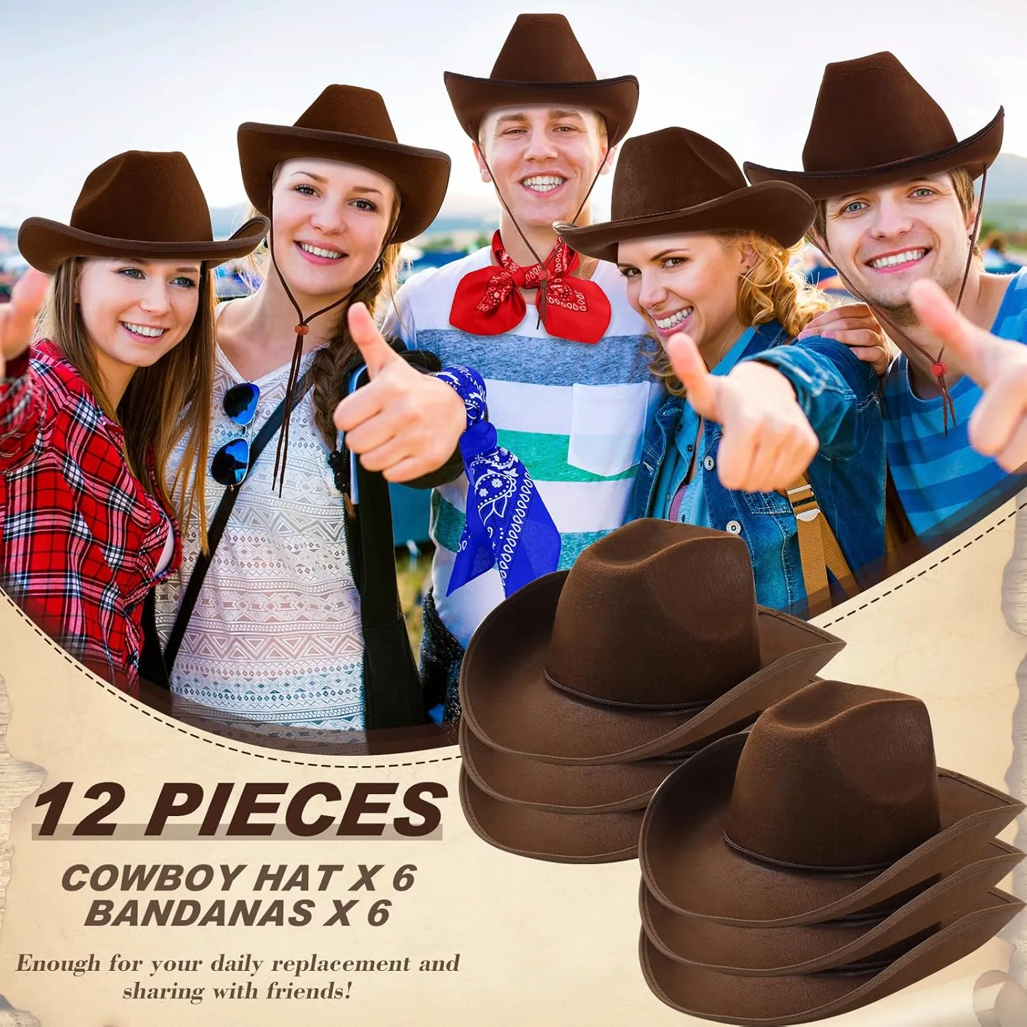 6 Sets Adult Cowboy Hat for Women and Men Western Cowgirl Hats with Adjustable Drawstring and Cowboy Party Paisley Bandana