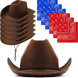 6 Sets Adult Cowboy Hat for Women and Men Western Cowgirl Hats with Adjustable Drawstring and Cowboy Party Paisley Bandana