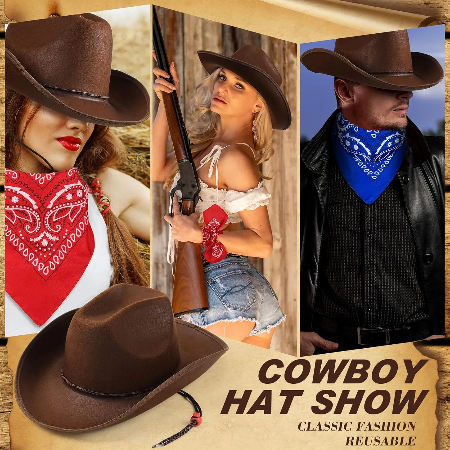 6 Sets Adult Cowboy Hat for Women and Men Western Cowgirl Hats with Adjustable Drawstring and Cowboy Party Paisley Bandana