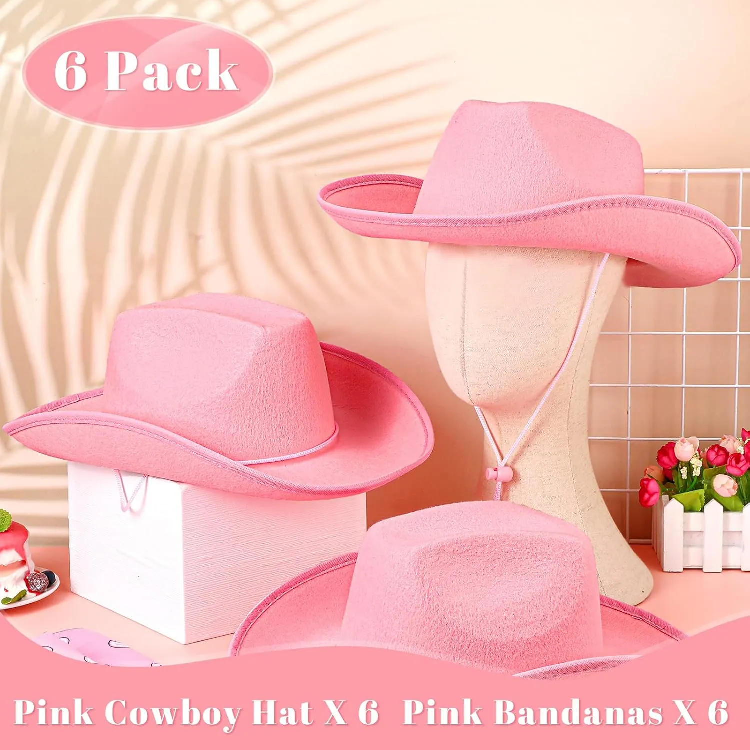 6 Sets Adult Cowboy Hat for Women and Men Western Cowgirl Hats with Adjustable Drawstring and Cowboy Party Paisley Bandana