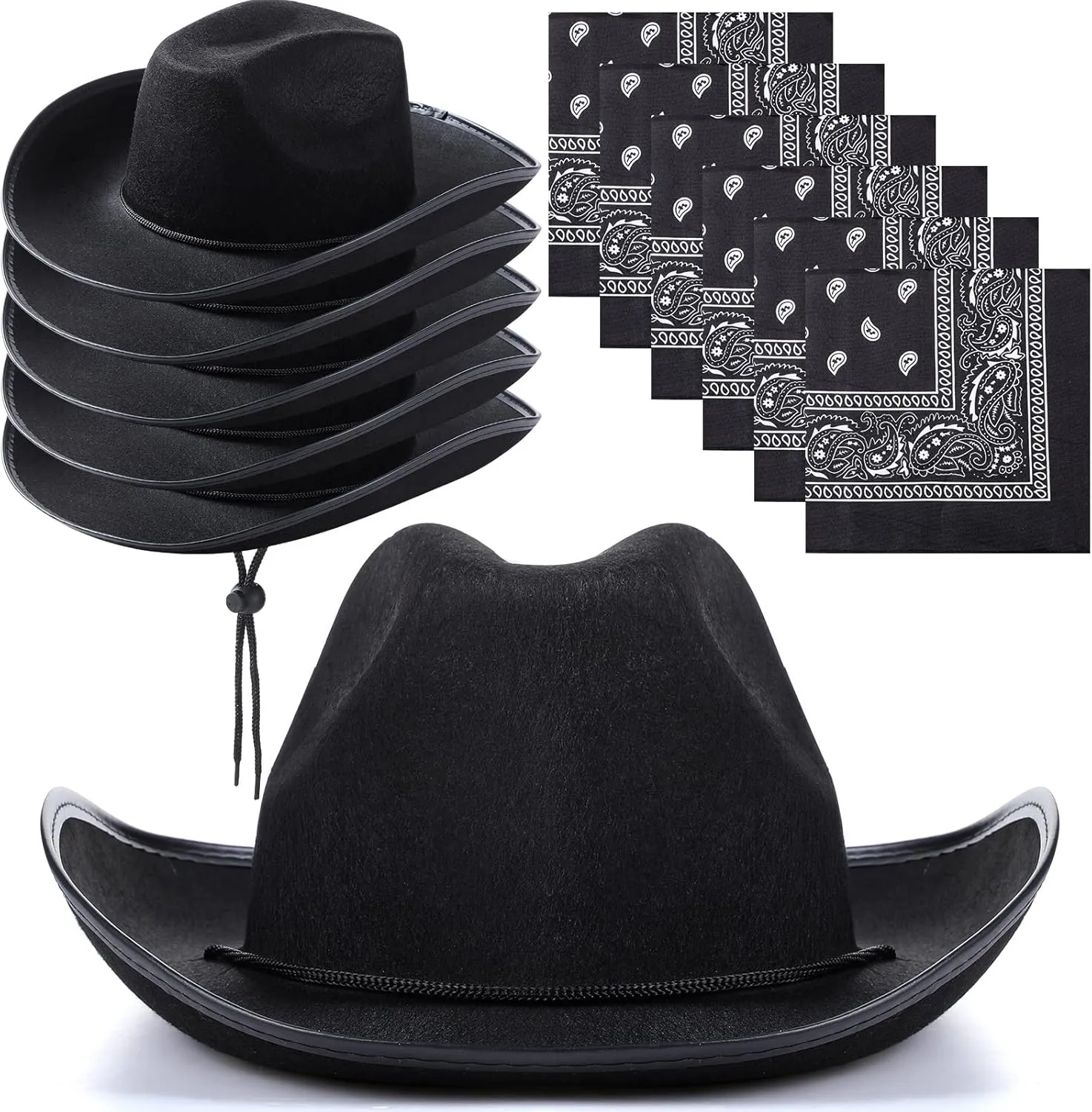 6 Sets Adult Cowboy Hat for Women and Men Western Cowgirl Hats with Adjustable Drawstring and Cowboy Party Paisley Bandana