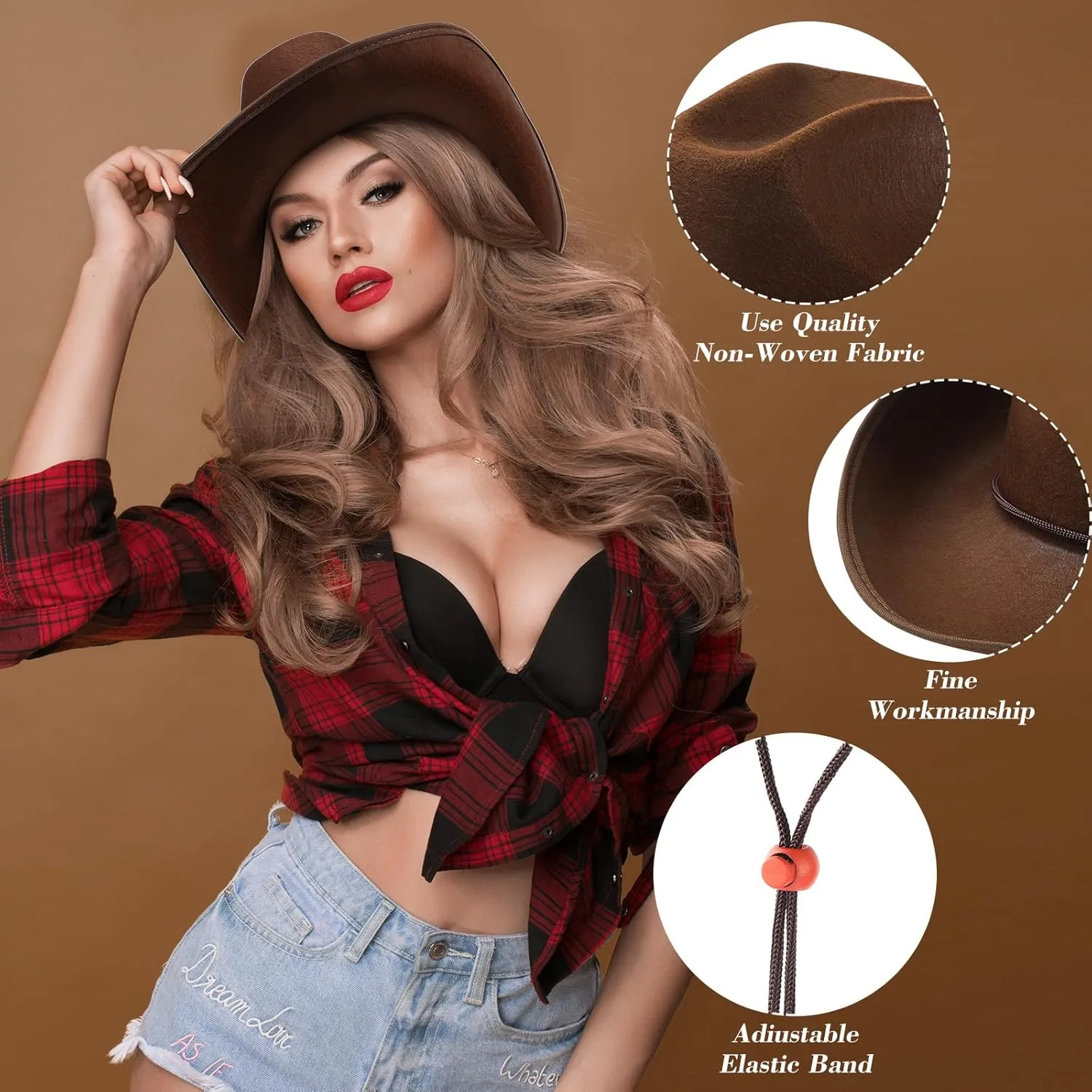 6 Sets Adult Cowboy Hat for Women and Men Western Cowgirl Hats with Adjustable Drawstring and Cowboy Party Paisley Bandana