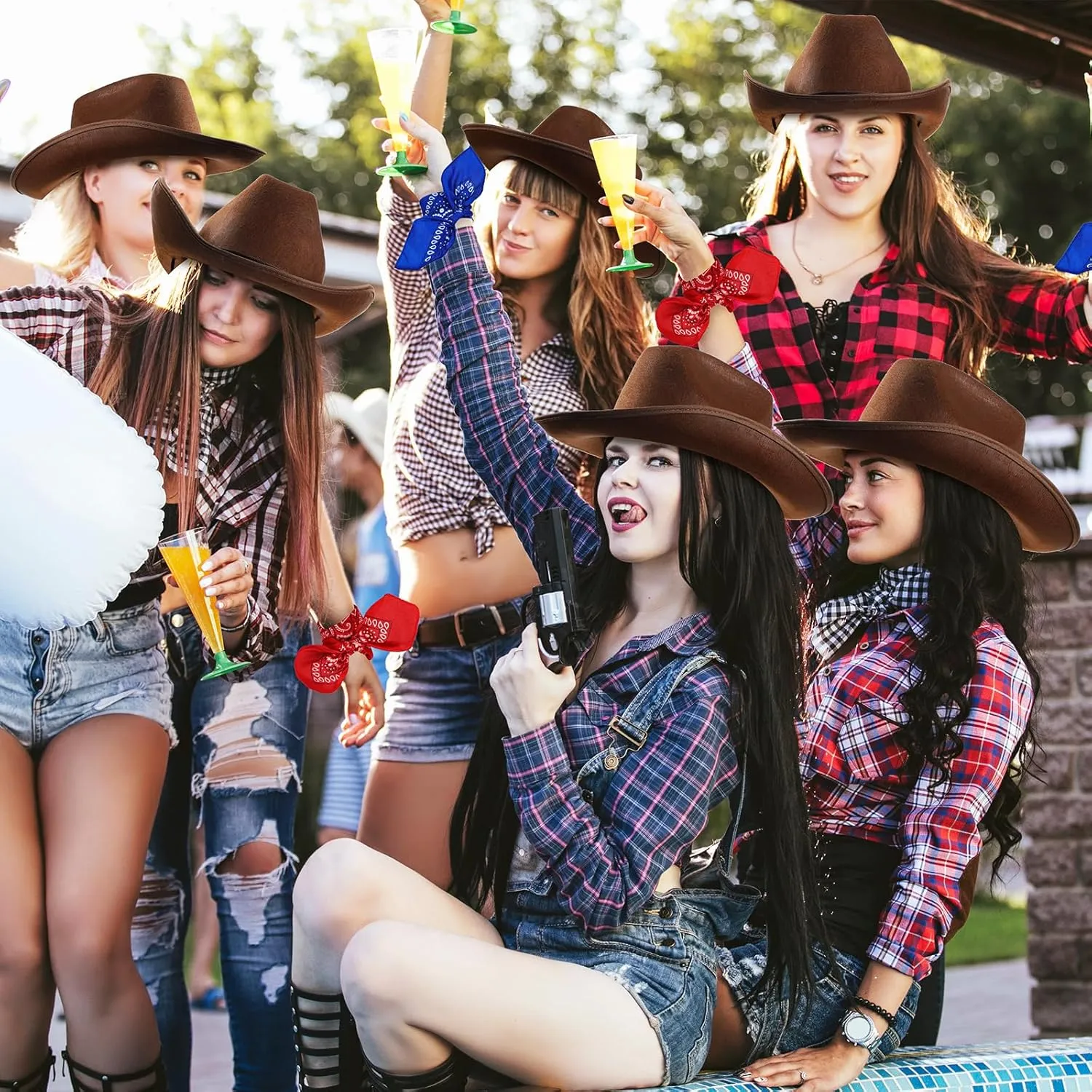 6 Sets Adult Cowboy Hat for Women and Men Western Cowgirl Hats with Adjustable Drawstring and Cowboy Party Paisley Bandana