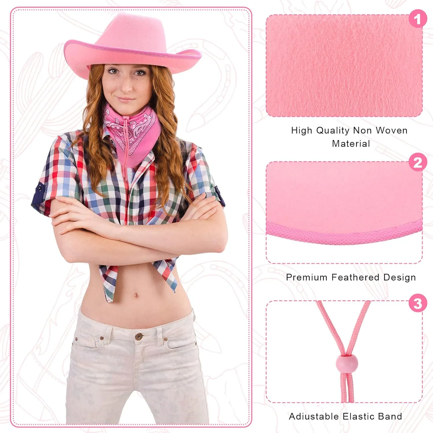6 Sets Adult Cowboy Hat for Women and Men Western Cowgirl Hats with Adjustable Drawstring and Cowboy Party Paisley Bandana