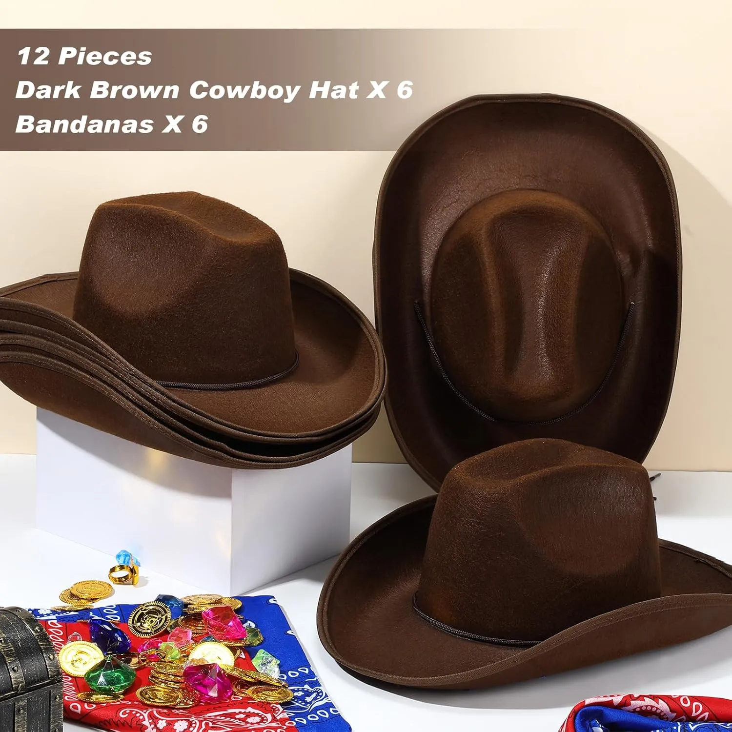 6 Sets Adult Cowboy Hat for Women and Men Western Cowgirl Hats with Adjustable Drawstring and Cowboy Party Paisley Bandana