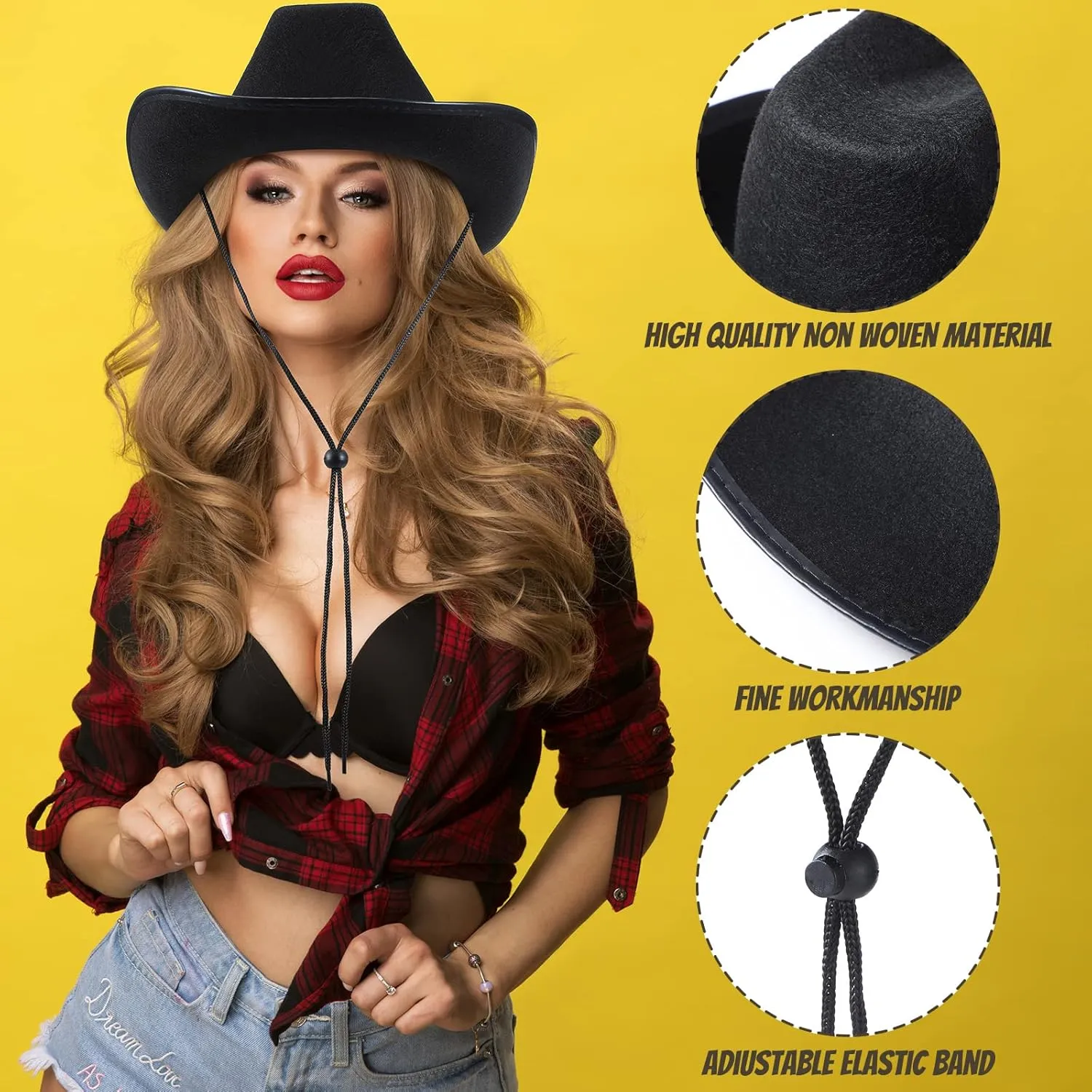 6 Sets Adult Cowboy Hat for Women and Men Western Cowgirl Hats with Adjustable Drawstring and Cowboy Party Paisley Bandana
