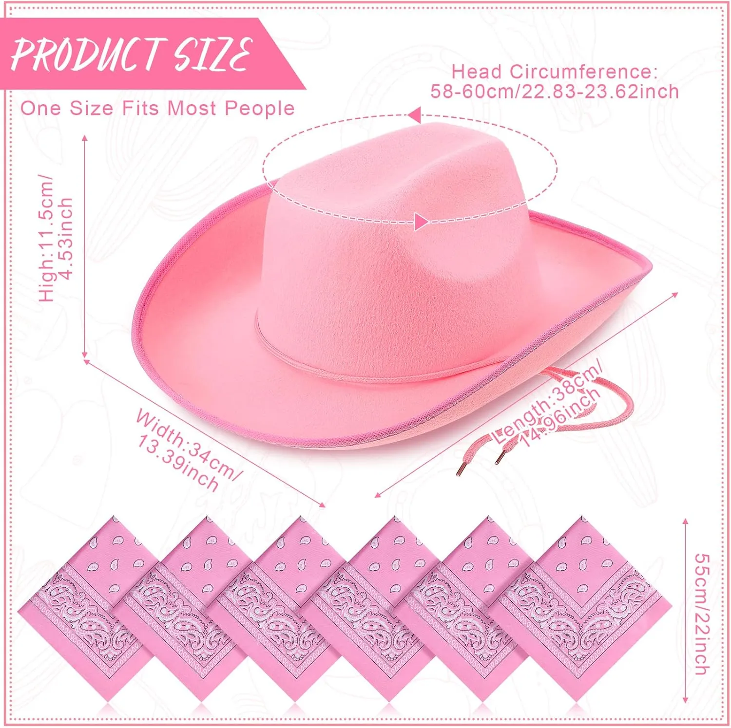 6 Sets Adult Cowboy Hat for Women and Men Western Cowgirl Hats with Adjustable Drawstring and Cowboy Party Paisley Bandana