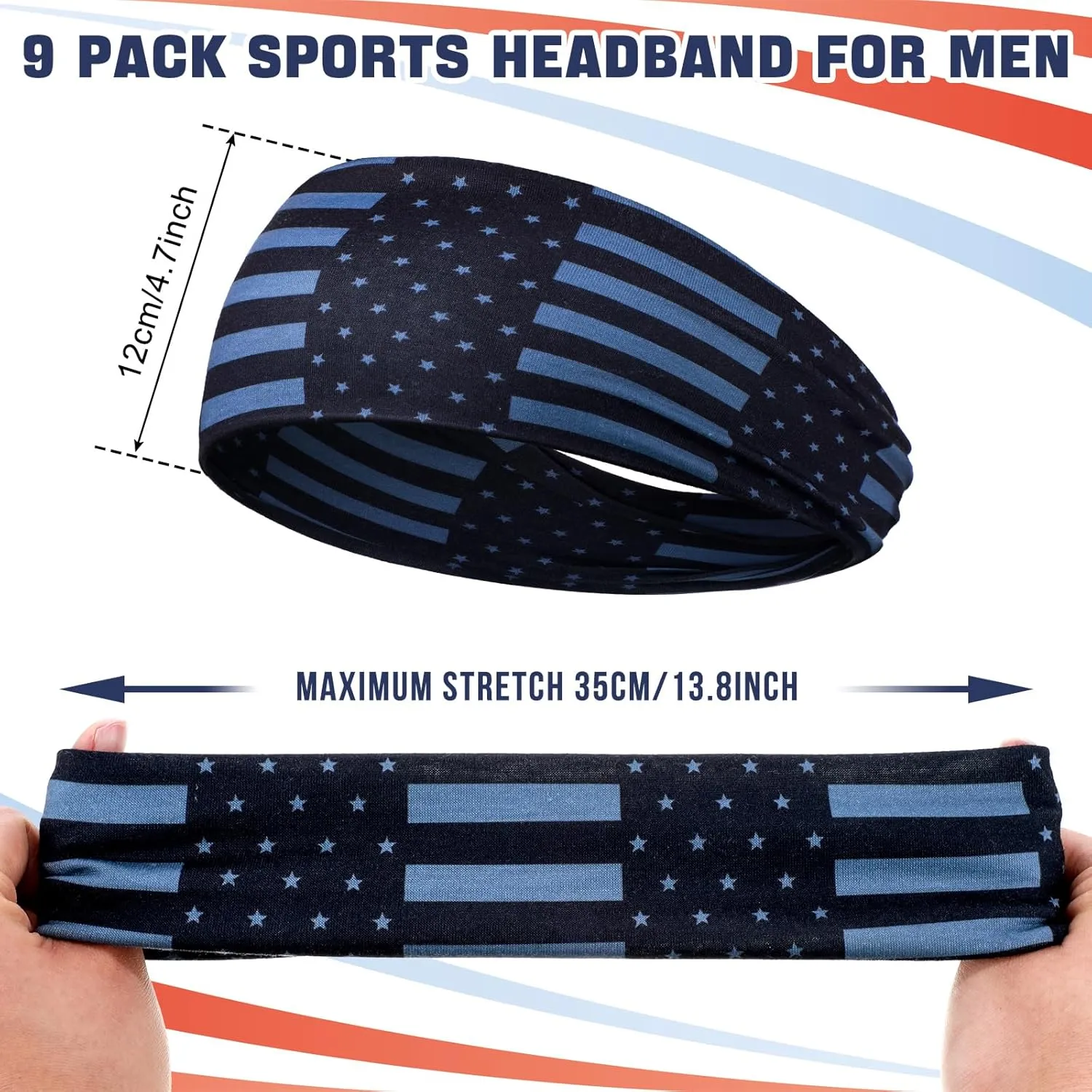 9 pcs Sweatbands for Men Workout Sport Headbands for Men Camo Headband Sweat Absorbing Headband Wide Sweatband for Head Basketball Football Cycling Running Yoga, 4.7 x 9.8 Inch