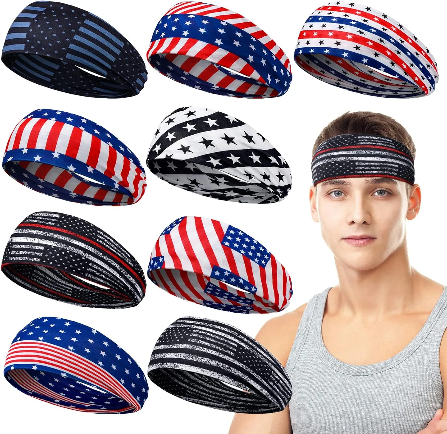 9 pcs Sweatbands for Men Workout Sport Headbands for Men Camo Headband Sweat Absorbing Headband Wide Sweatband for Head Basketball Football Cycling Running Yoga, 4.7 x 9.8 Inch