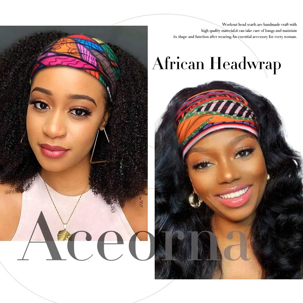 African Headbands Boho Knotted Hairbands Stretch Wide Head Wraps Elastic Yoga Turban Hair Scarfs Workout Printed Hair Accessories for Women Pack of 4 (Style A)