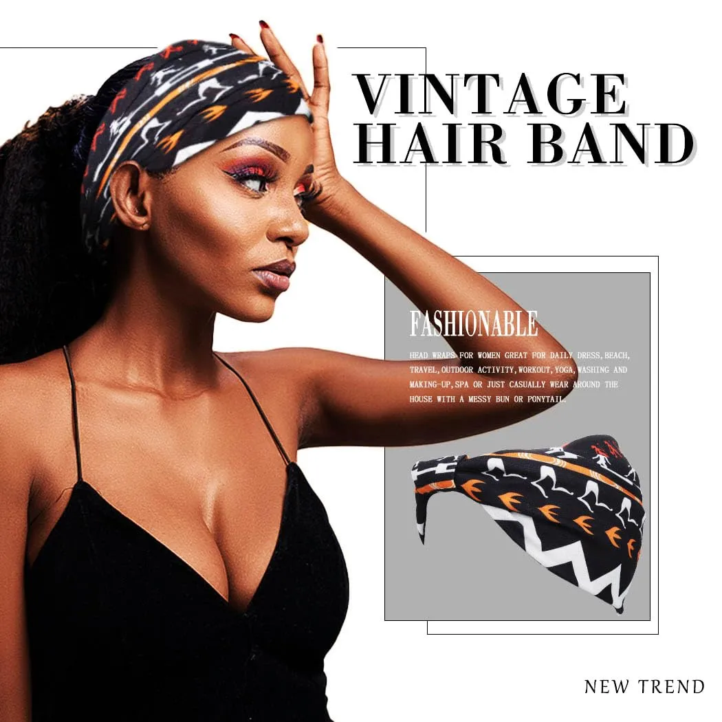 African Headbands Boho Knotted Hairbands Stretch Wide Head Wraps Elastic Yoga Turban Hair Scarfs Workout Printed Hair Accessories for Women Pack of 4 (Style A)