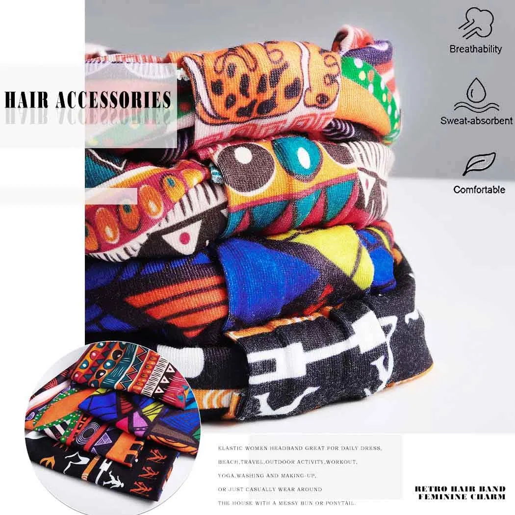 African Headbands Boho Knotted Hairbands Stretch Wide Head Wraps Elastic Yoga Turban Hair Scarfs Workout Printed Hair Accessories for Women Pack of 4 (Style A)