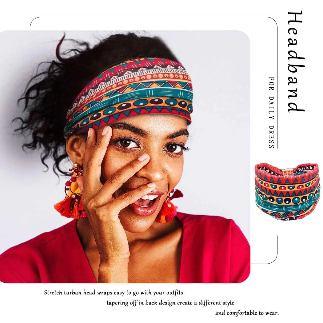 African Headbands Boho Knotted Hairbands Stretch Wide Head Wraps Elastic Yoga Turban Hair Scarfs Workout Printed Hair Accessories for Women Pack of 4 (Style A)