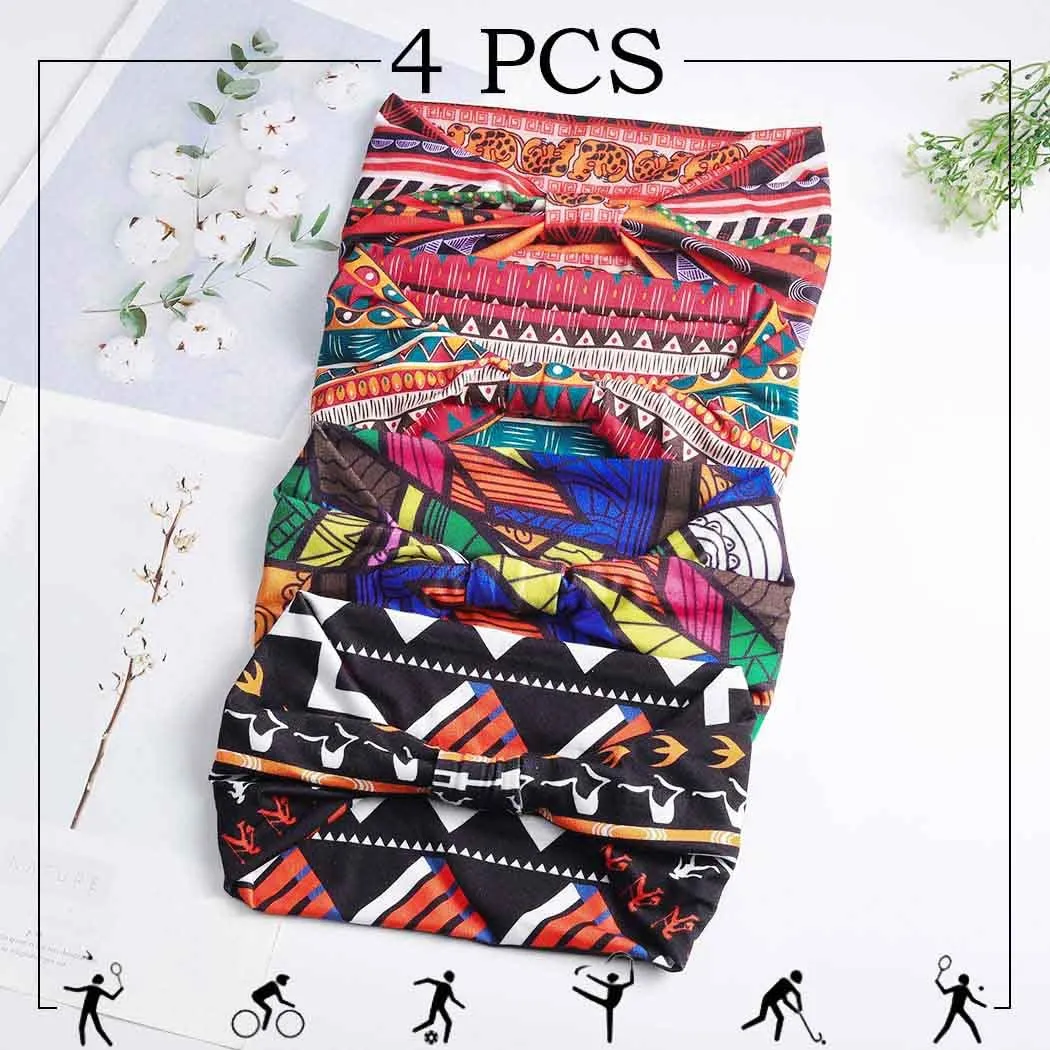 African Headbands Boho Knotted Hairbands Stretch Wide Head Wraps Elastic Yoga Turban Hair Scarfs Workout Printed Hair Accessories for Women Pack of 4 (Style A)