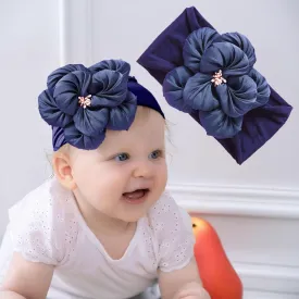 Baby Girl Nylon Flower Headbands, 5 Pack Soft Elastic Hair Bows, Assorted Colors (Dark Blue, Standard Small)