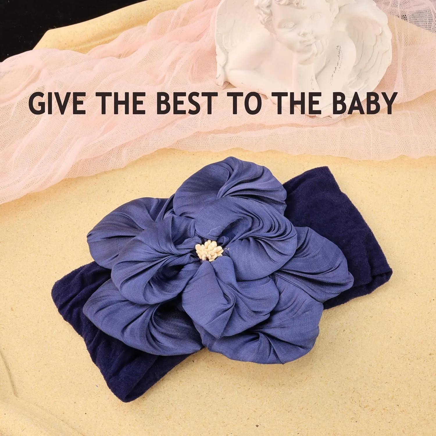 Baby Girl Nylon Flower Headbands, 5 Pack Soft Elastic Hair Bows, Assorted Colors (Dark Blue, Standard Small)