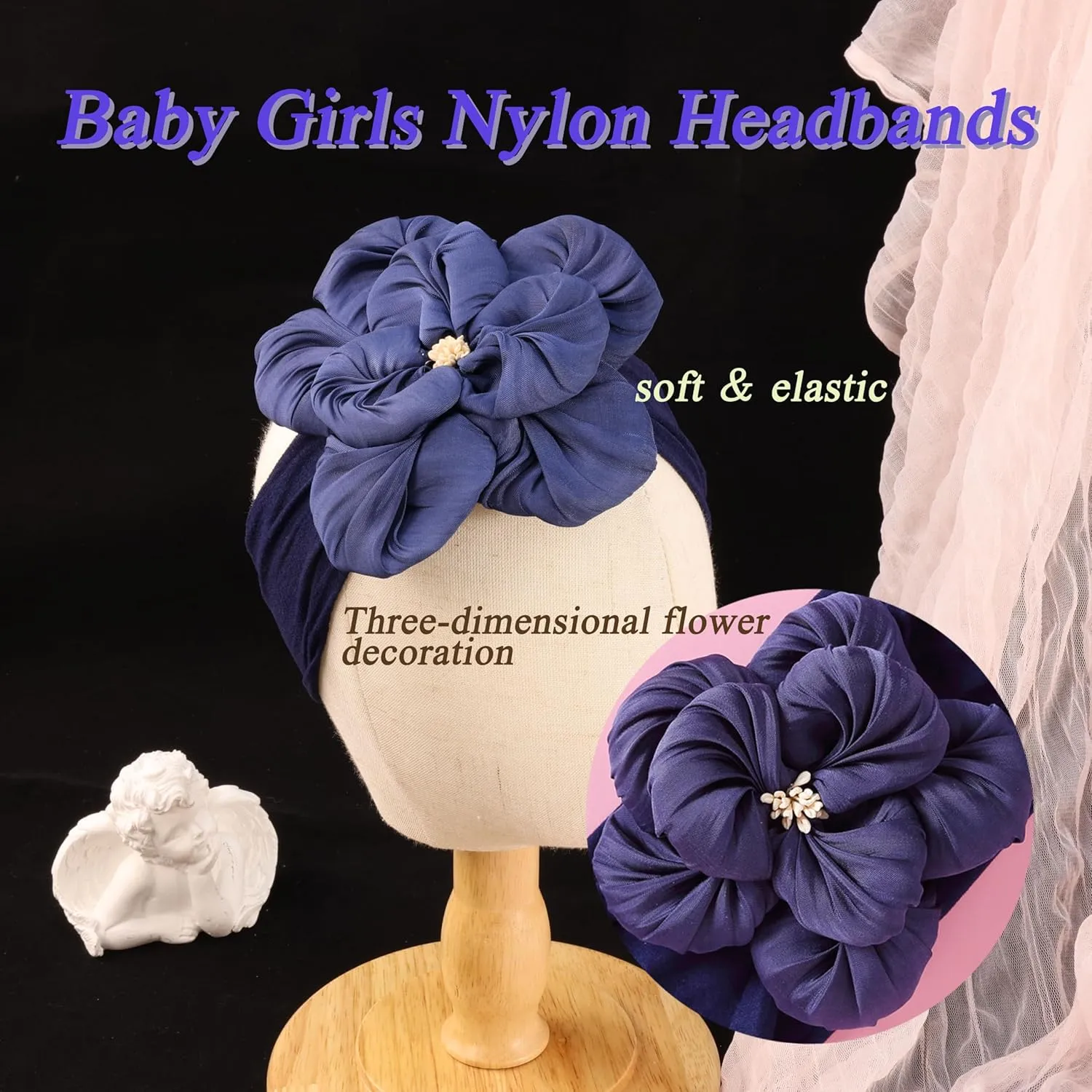 Baby Girl Nylon Flower Headbands, 5 Pack Soft Elastic Hair Bows, Assorted Colors (Dark Blue, Standard Small)