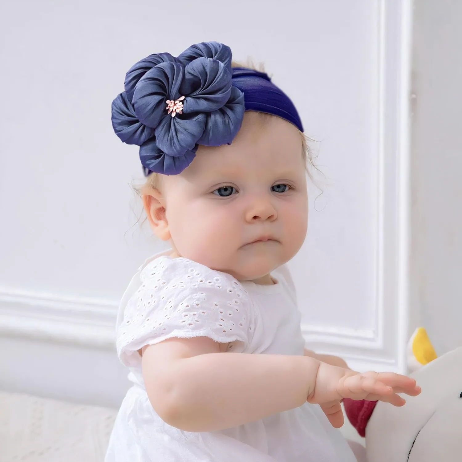 Baby Girl Nylon Flower Headbands, 5 Pack Soft Elastic Hair Bows, Assorted Colors (Dark Blue, Standard Small)