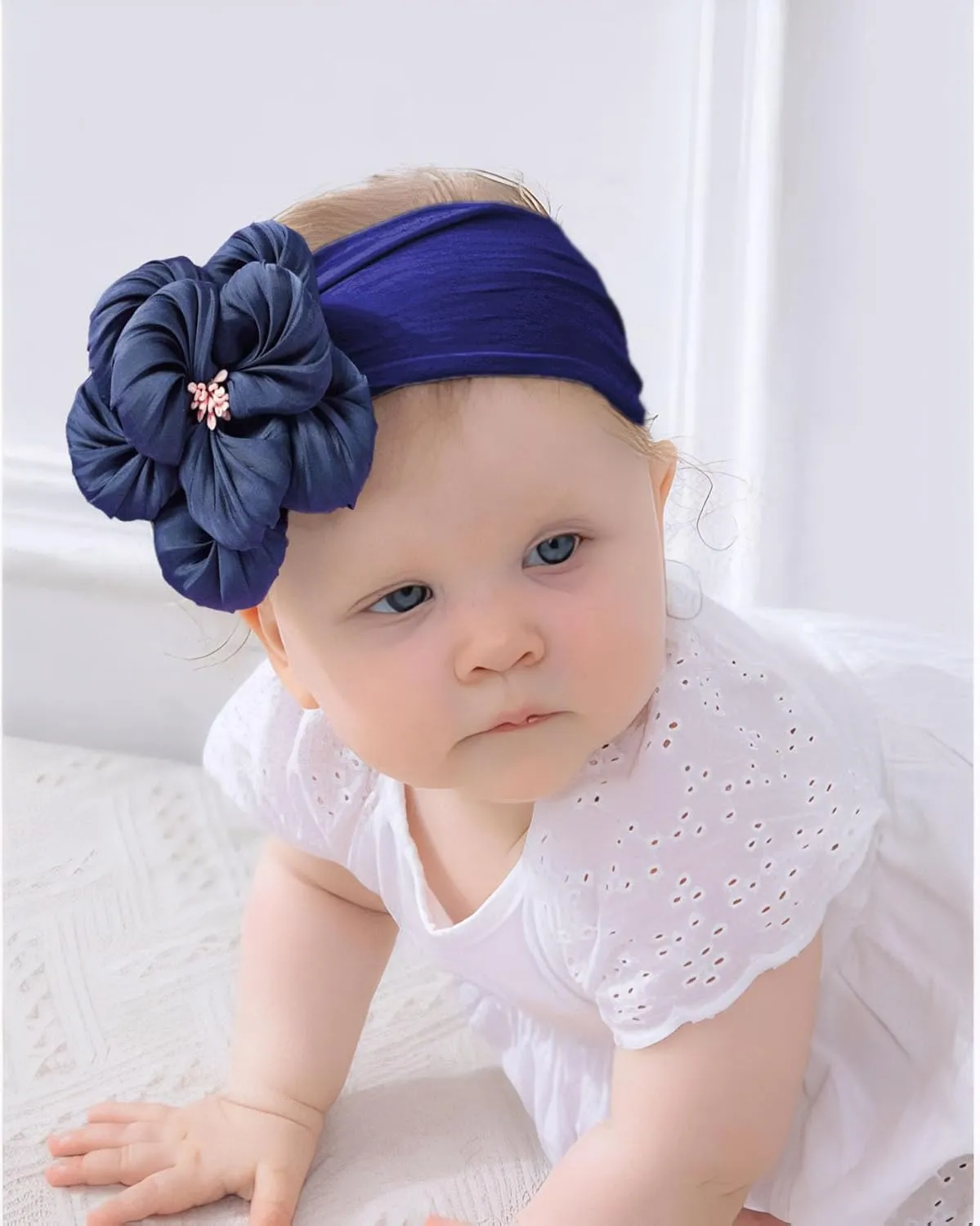 Baby Girl Nylon Flower Headbands, 5 Pack Soft Elastic Hair Bows, Assorted Colors (Dark Blue, Standard Small)