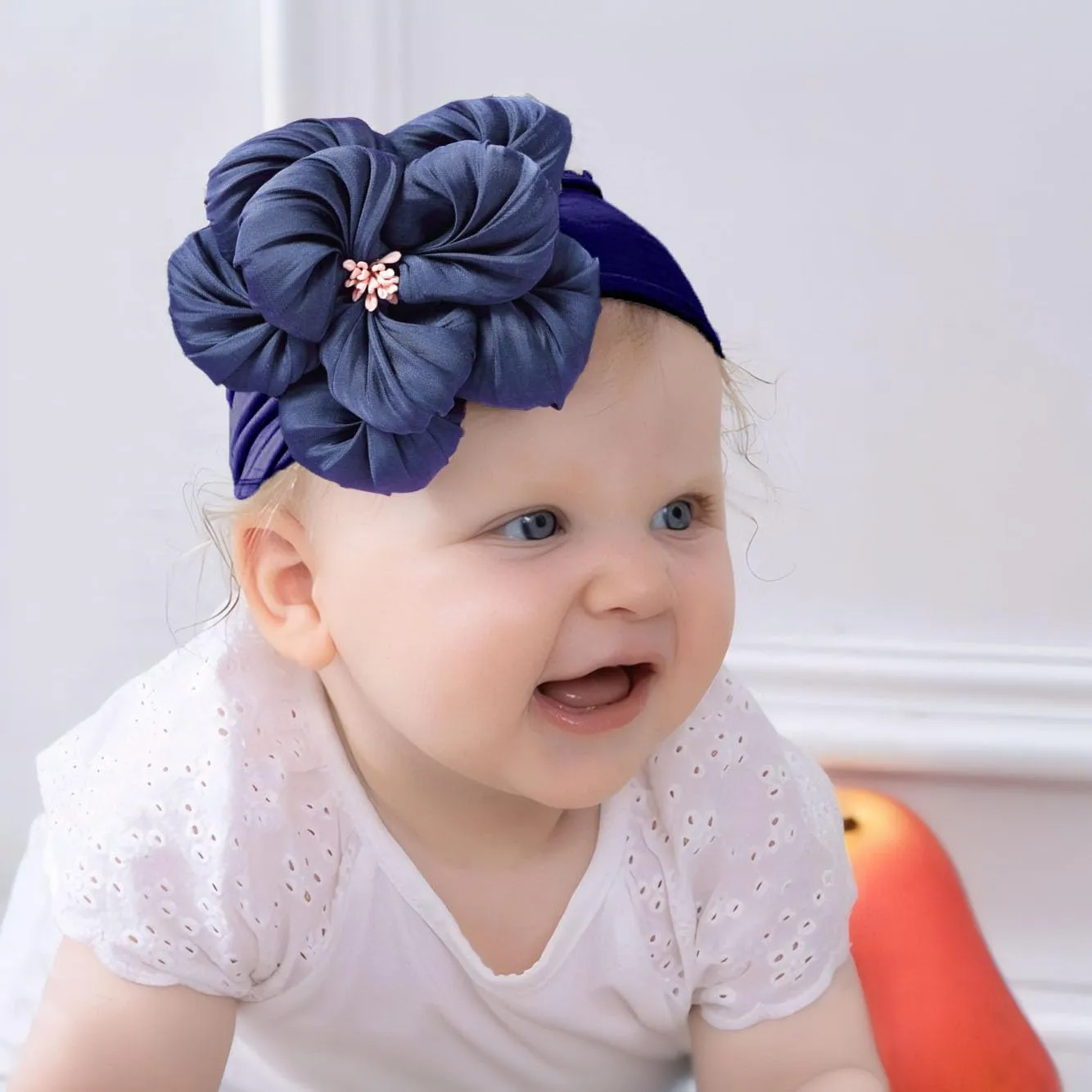 Baby Girl Nylon Flower Headbands, 5 Pack Soft Elastic Hair Bows, Assorted Colors (Dark Blue, Standard Small)