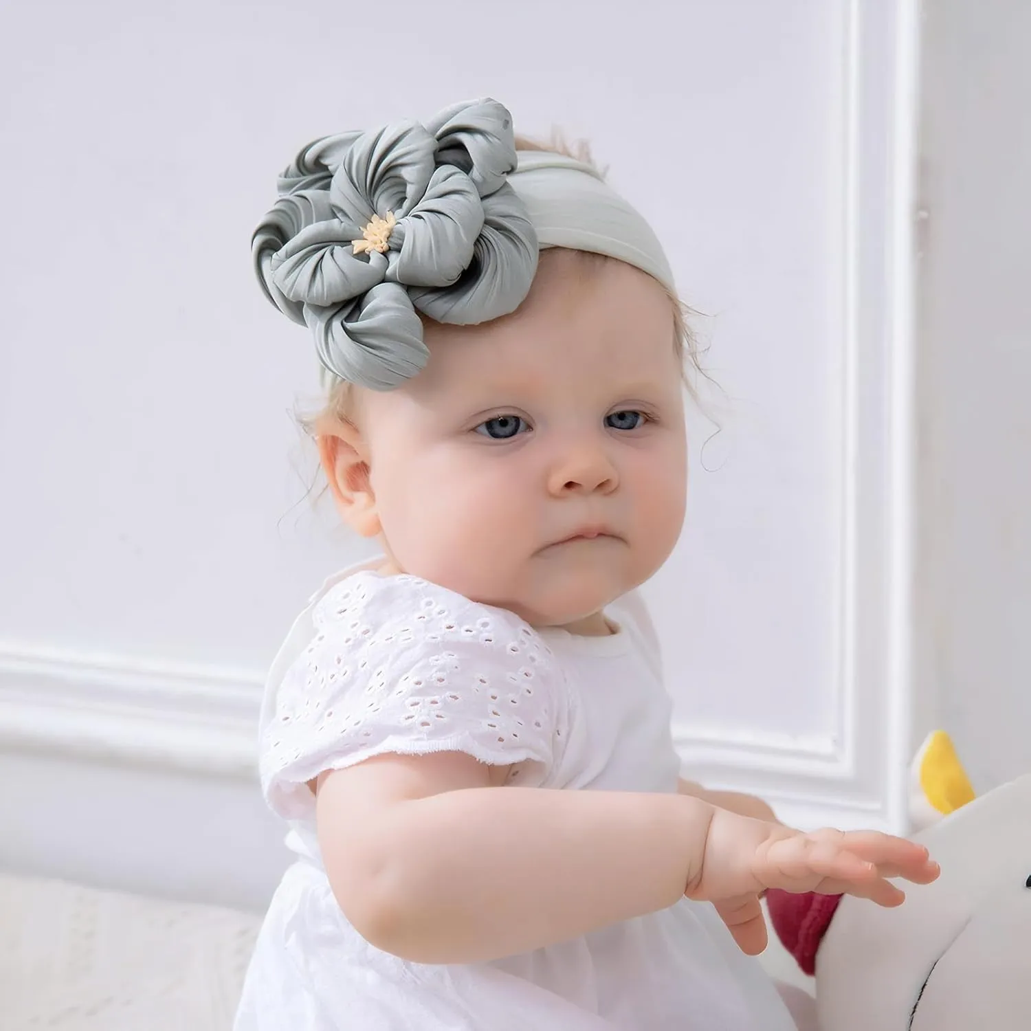 Baby Girl Nylon Flower Headbands, 5 Pack Soft Elastic Hair Bows, Assorted Colors (Gray, Standard Small)