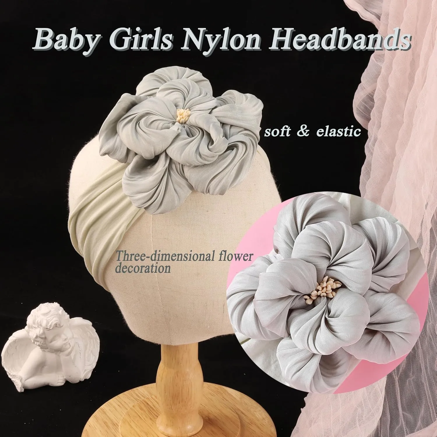 Baby Girl Nylon Flower Headbands, 5 Pack Soft Elastic Hair Bows, Assorted Colors (Gray, Standard Small)