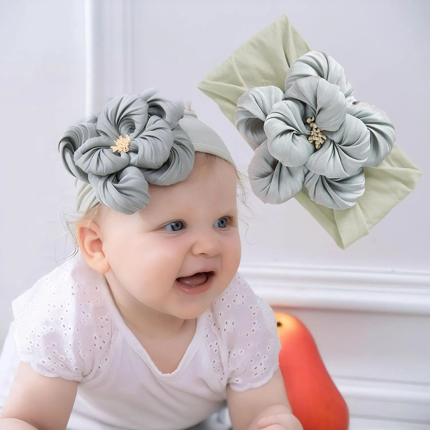 Baby Girl Nylon Flower Headbands, 5 Pack Soft Elastic Hair Bows, Assorted Colors (Gray, Standard Small)