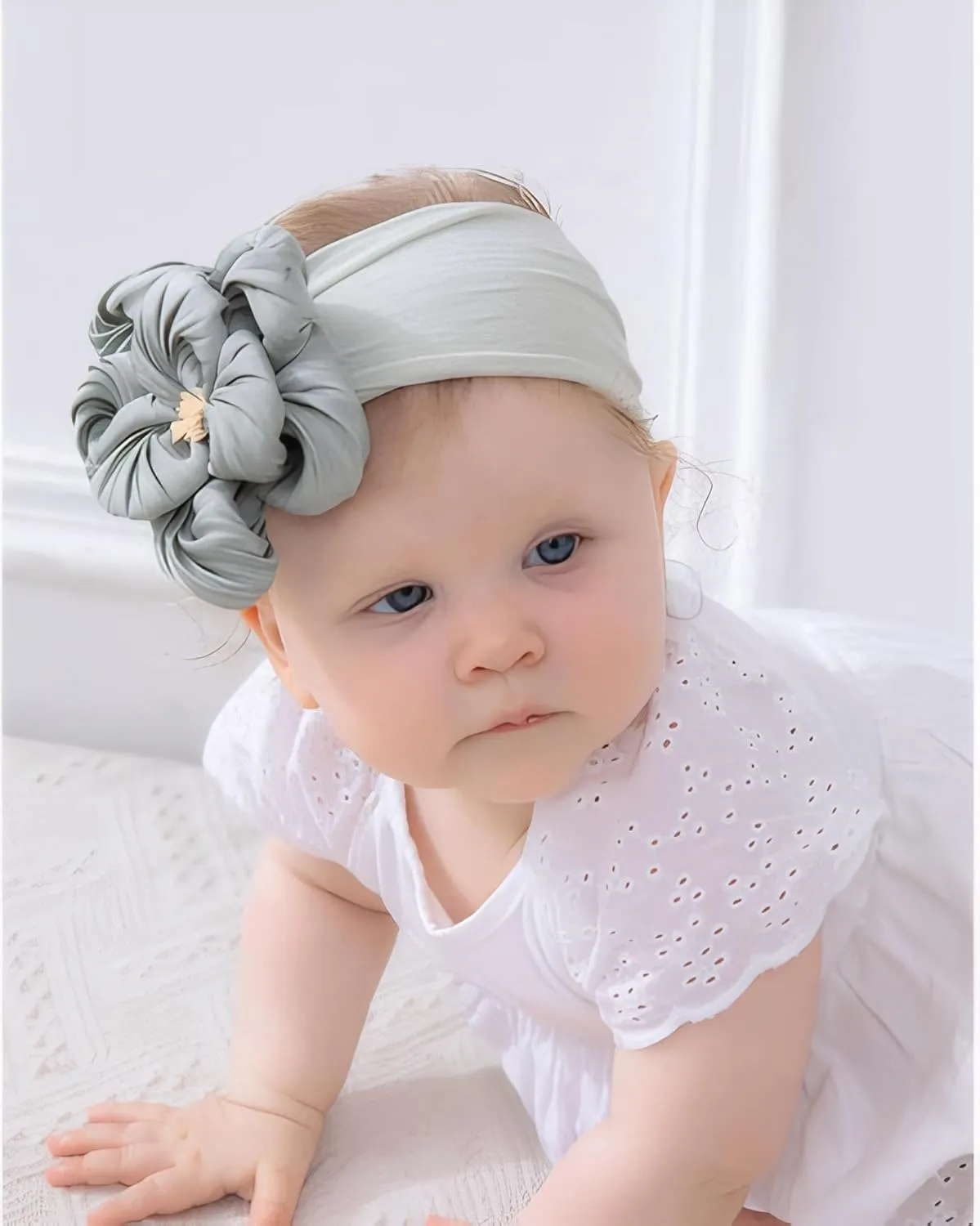 Baby Girl Nylon Flower Headbands, 5 Pack Soft Elastic Hair Bows, Assorted Colors (Gray, Standard Small)
