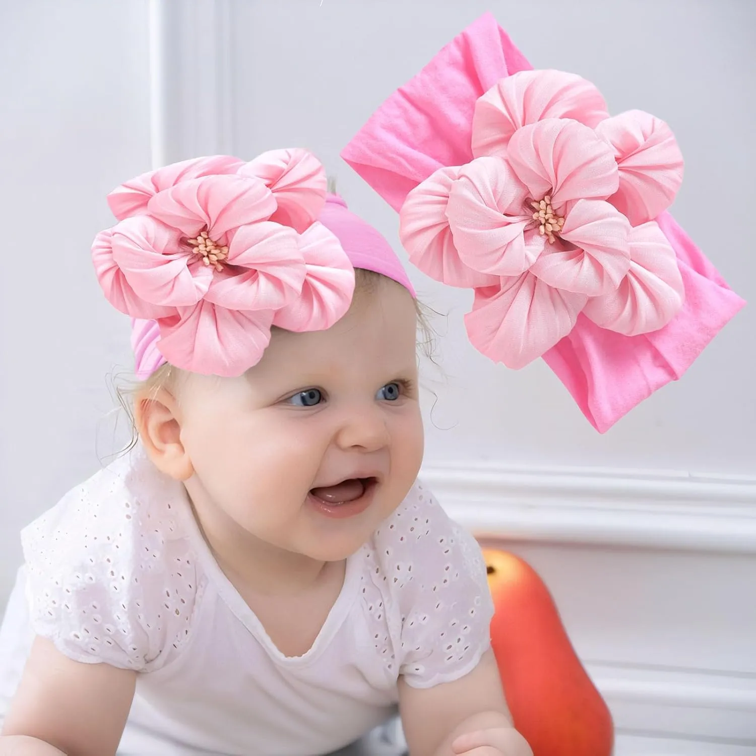 Baby Girl Nylon Flower Headbands, 5 Pack Soft Elastic Hair Bows, Assorted Colors (Pink, Standard Small)