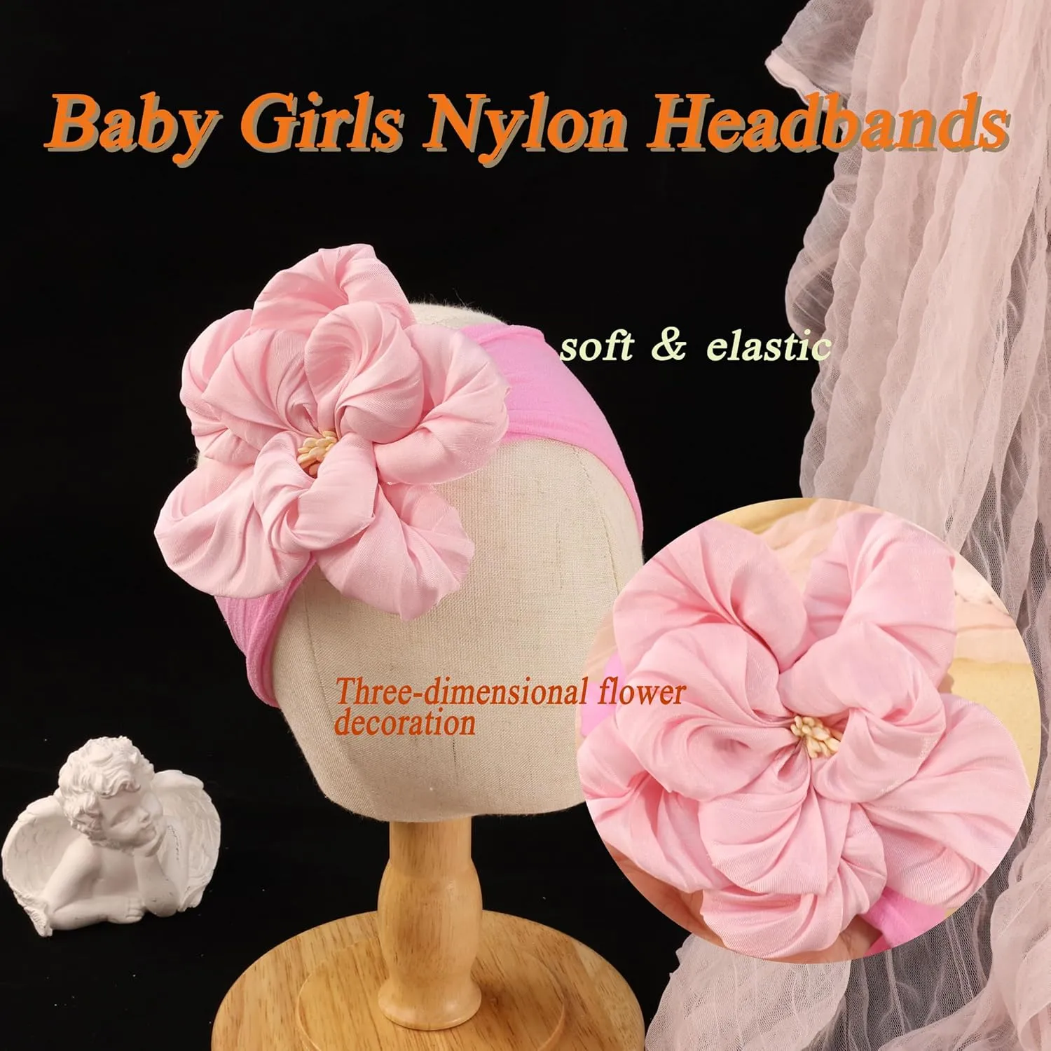 Baby Girl Nylon Flower Headbands, 5 Pack Soft Elastic Hair Bows, Assorted Colors (Pink, Standard Small)