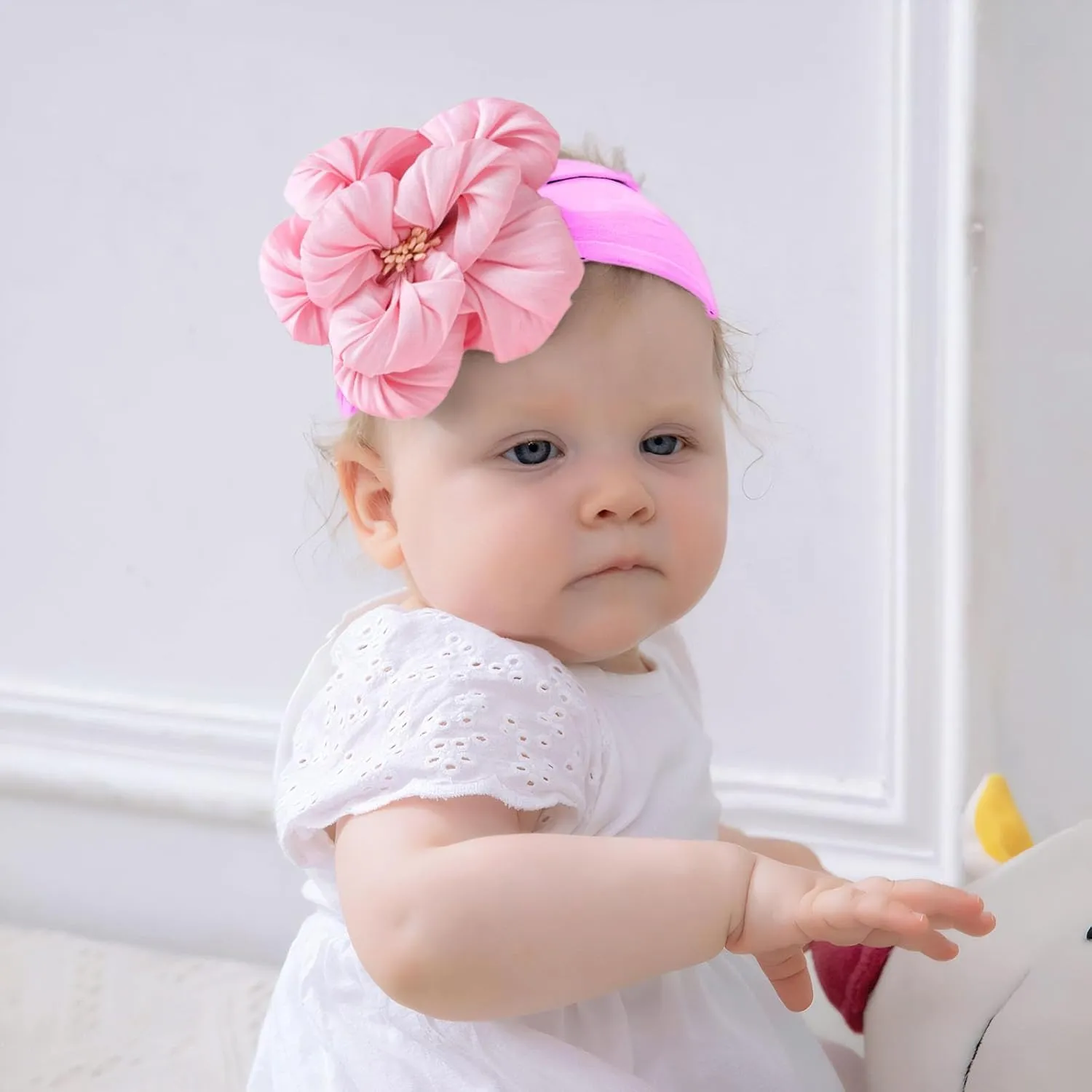Baby Girl Nylon Flower Headbands, 5 Pack Soft Elastic Hair Bows, Assorted Colors (Pink, Standard Small)