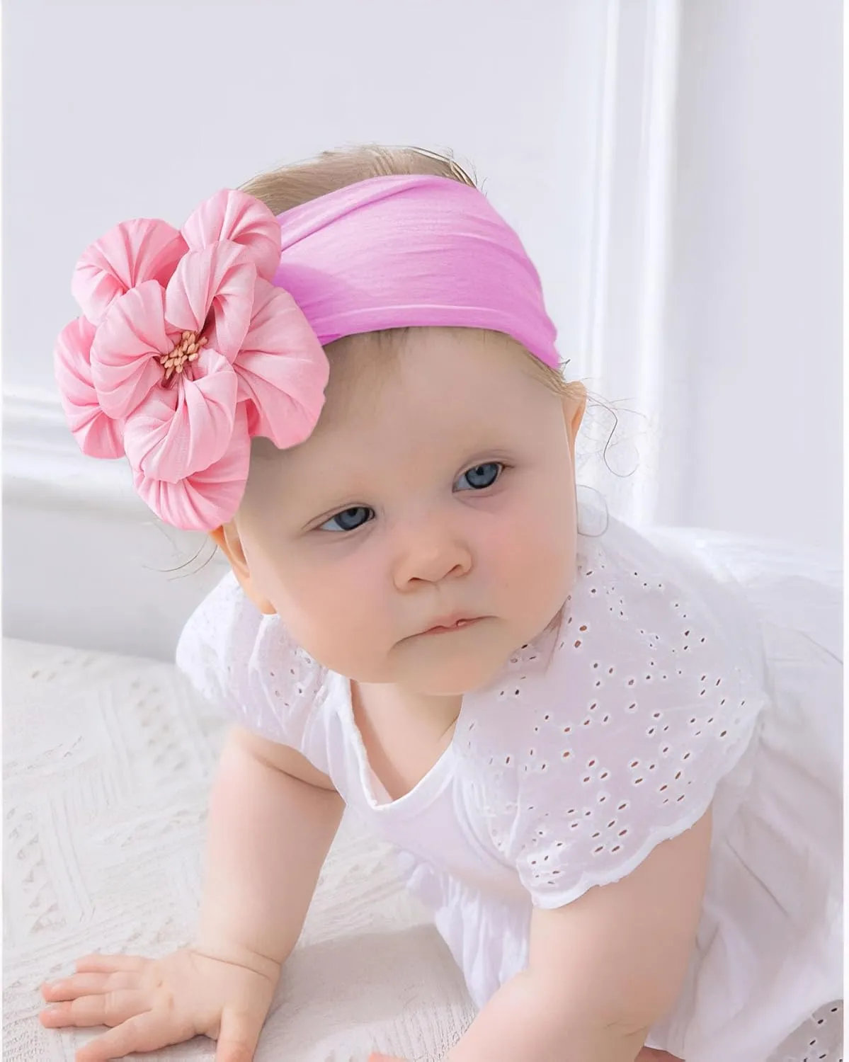 Baby Girl Nylon Flower Headbands, 5 Pack Soft Elastic Hair Bows, Assorted Colors (Pink, Standard Small)