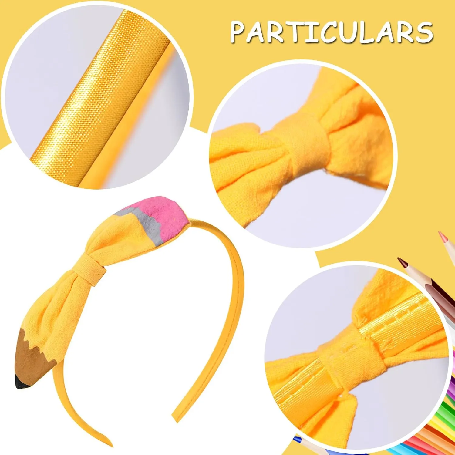 Back to School Headband Yellow Pencil Hair Accessories for Women Girls Big Bow Pen Hair Decoration Students Teachers Outfits Non Slip Hair Band First Day of School Decor Supplies 1 Pcs
