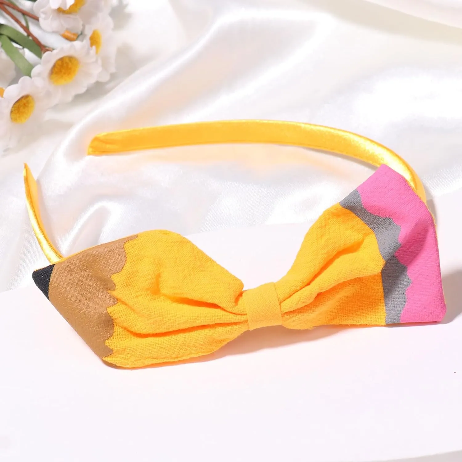 Back to School Headband Yellow Pencil Hair Accessories for Women Girls Big Bow Pen Hair Decoration Students Teachers Outfits Non Slip Hair Band First Day of School Decor Supplies 1 Pcs