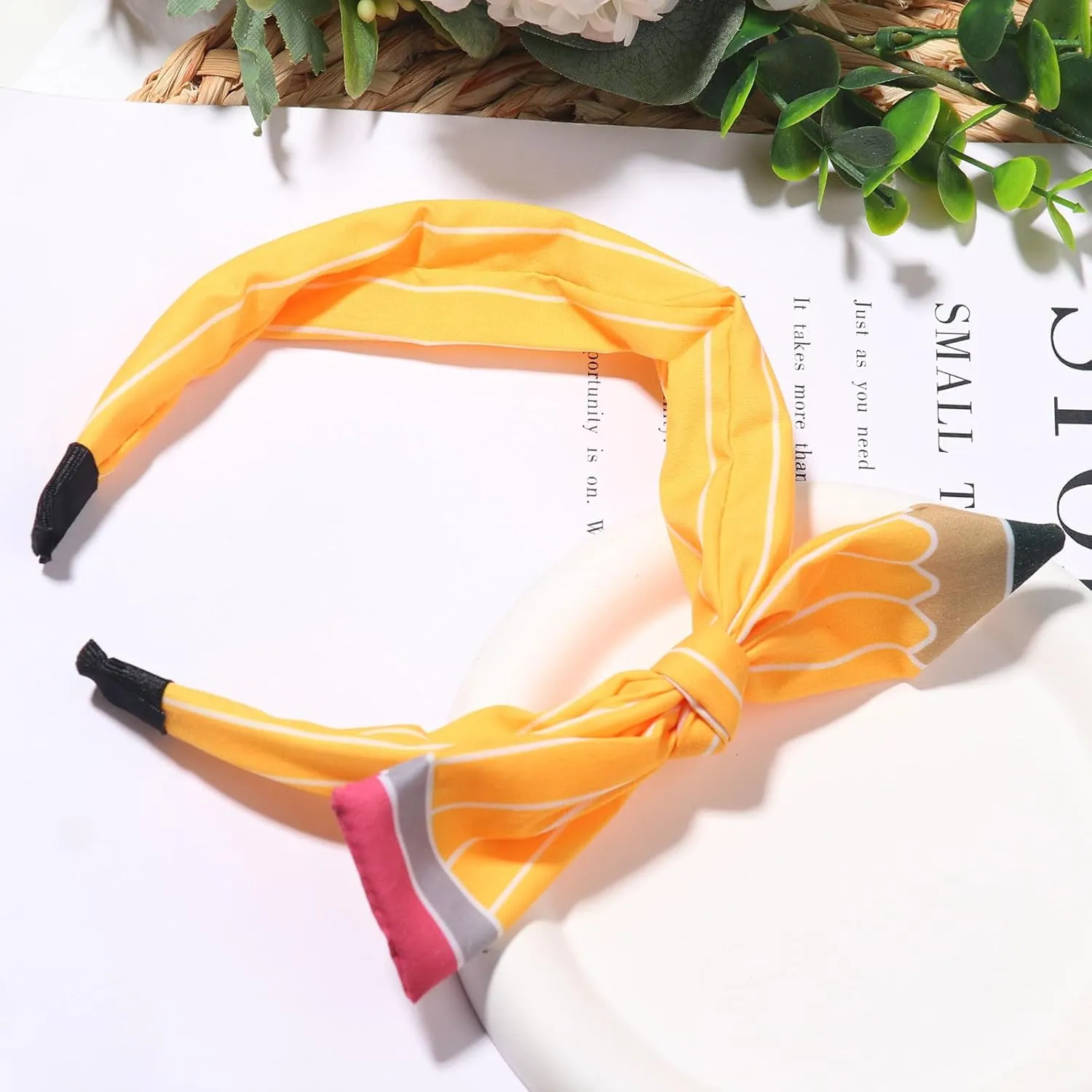 Back to School Headband Yellow Pencil Hair Accessories for Women Girls Stripe Pen Big Bowknot Hair Decoration Students Teachers Outfits Non Slip Hair Band First Day of School Supplies 1 Pcs