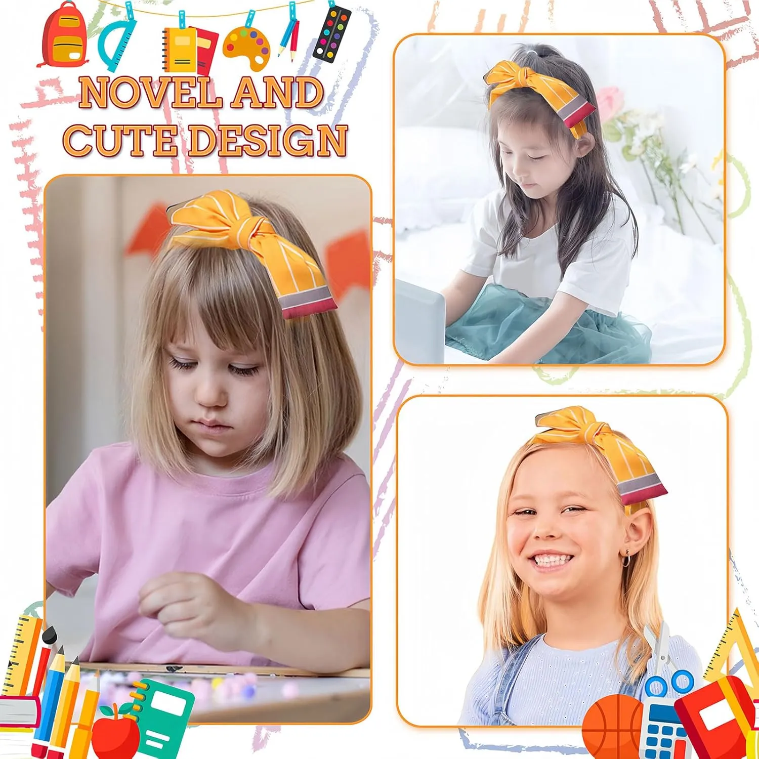 Back to School Headband Yellow Pencil Hair Accessories for Women Girls Stripe Pen Big Bowknot Hair Decoration Students Teachers Outfits Non Slip Hair Band First Day of School Supplies 1 Pcs