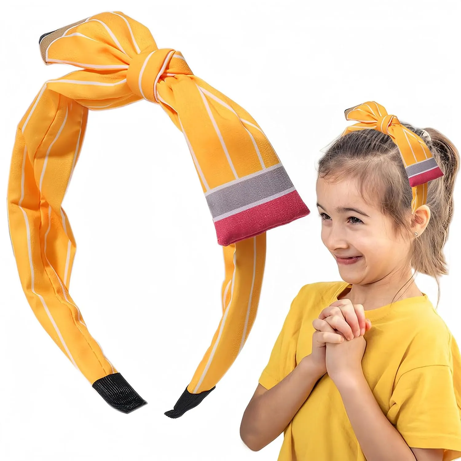 Back to School Headband Yellow Pencil Hair Accessories for Women Girls Stripe Pen Big Bowknot Hair Decoration Students Teachers Outfits Non Slip Hair Band First Day of School Supplies 1 Pcs