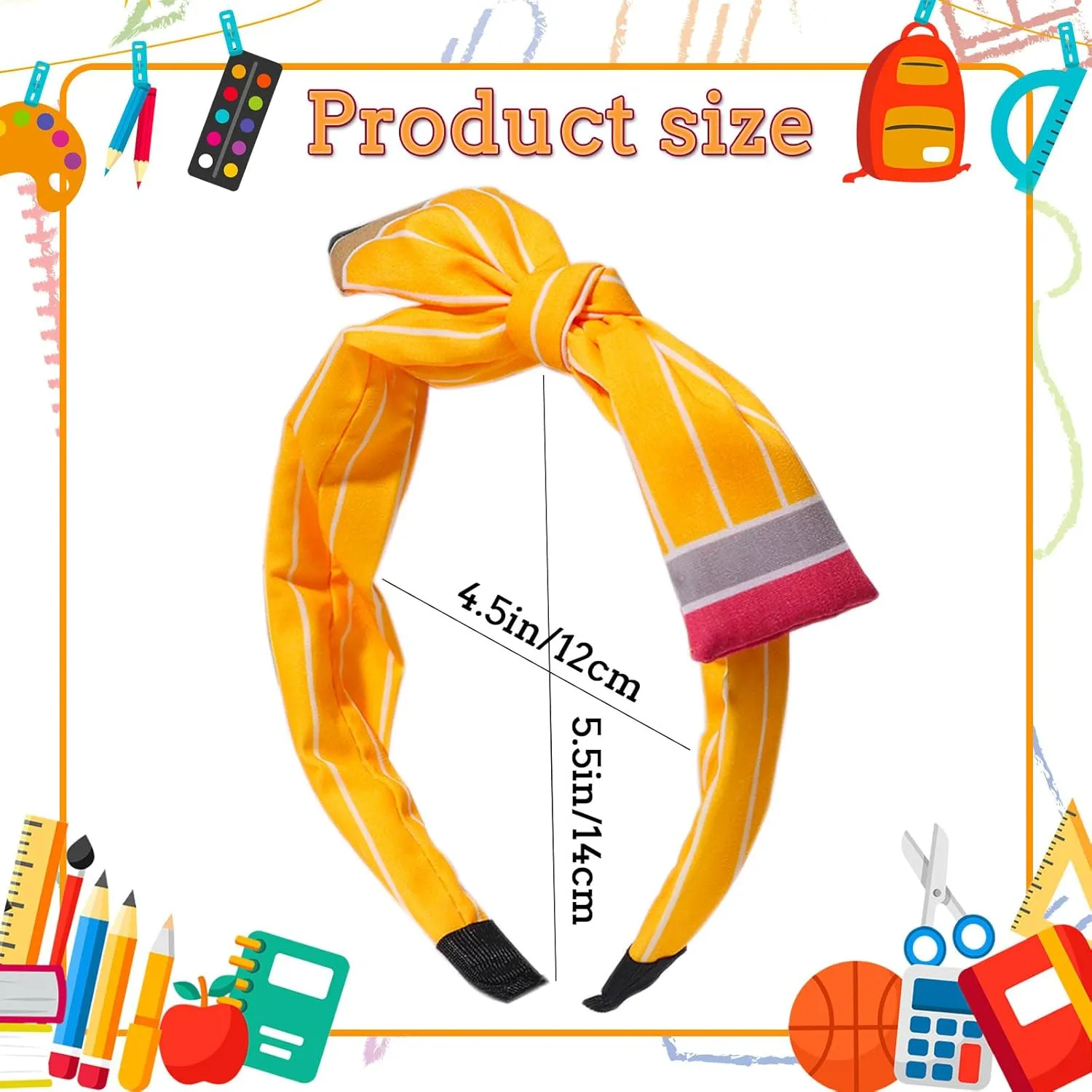 Back to School Headband Yellow Pencil Hair Accessories for Women Girls Stripe Pen Big Bowknot Hair Decoration Students Teachers Outfits Non Slip Hair Band First Day of School Supplies 1 Pcs