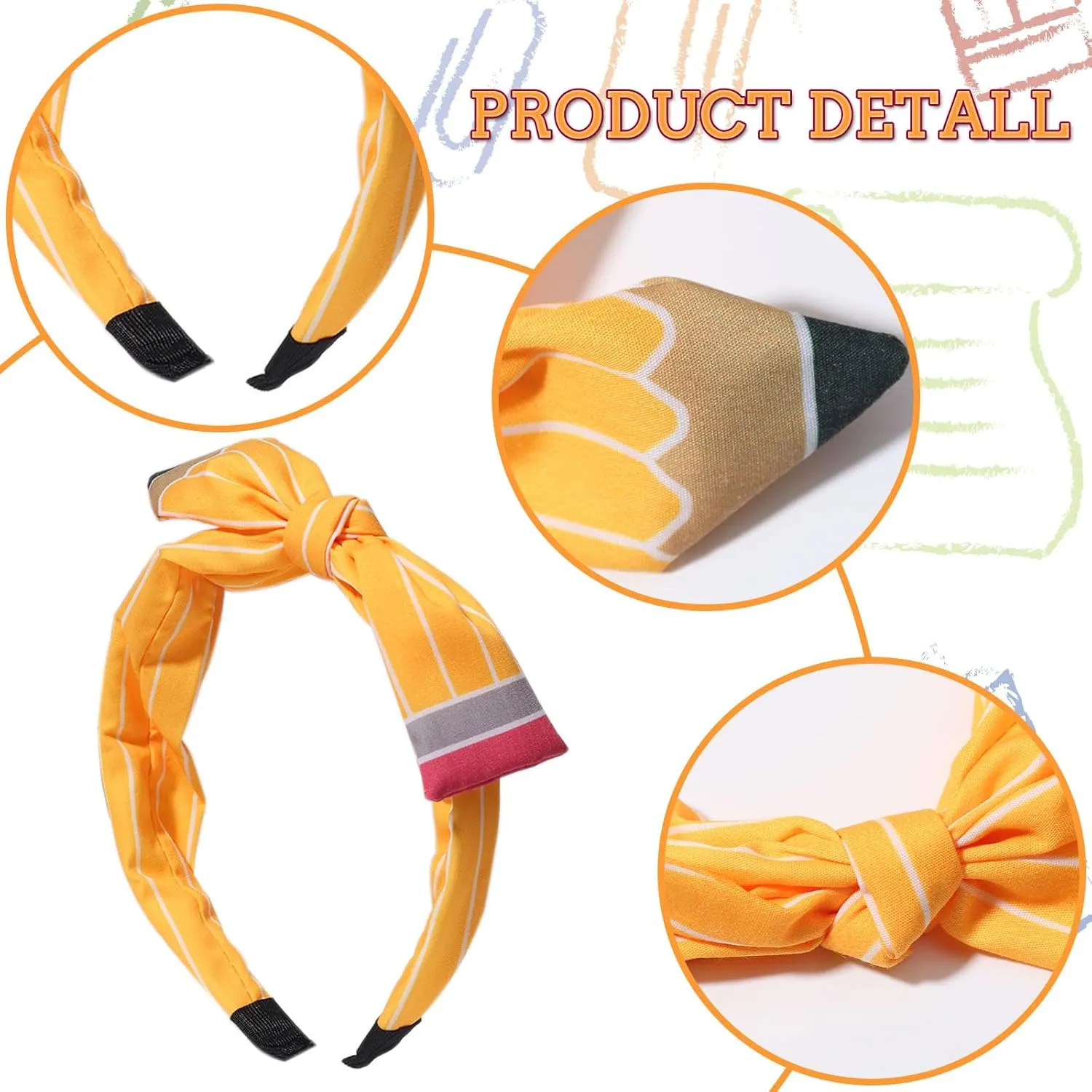 Back to School Headband Yellow Pencil Hair Accessories for Women Girls Stripe Pen Big Bowknot Hair Decoration Students Teachers Outfits Non Slip Hair Band First Day of School Supplies 1 Pcs