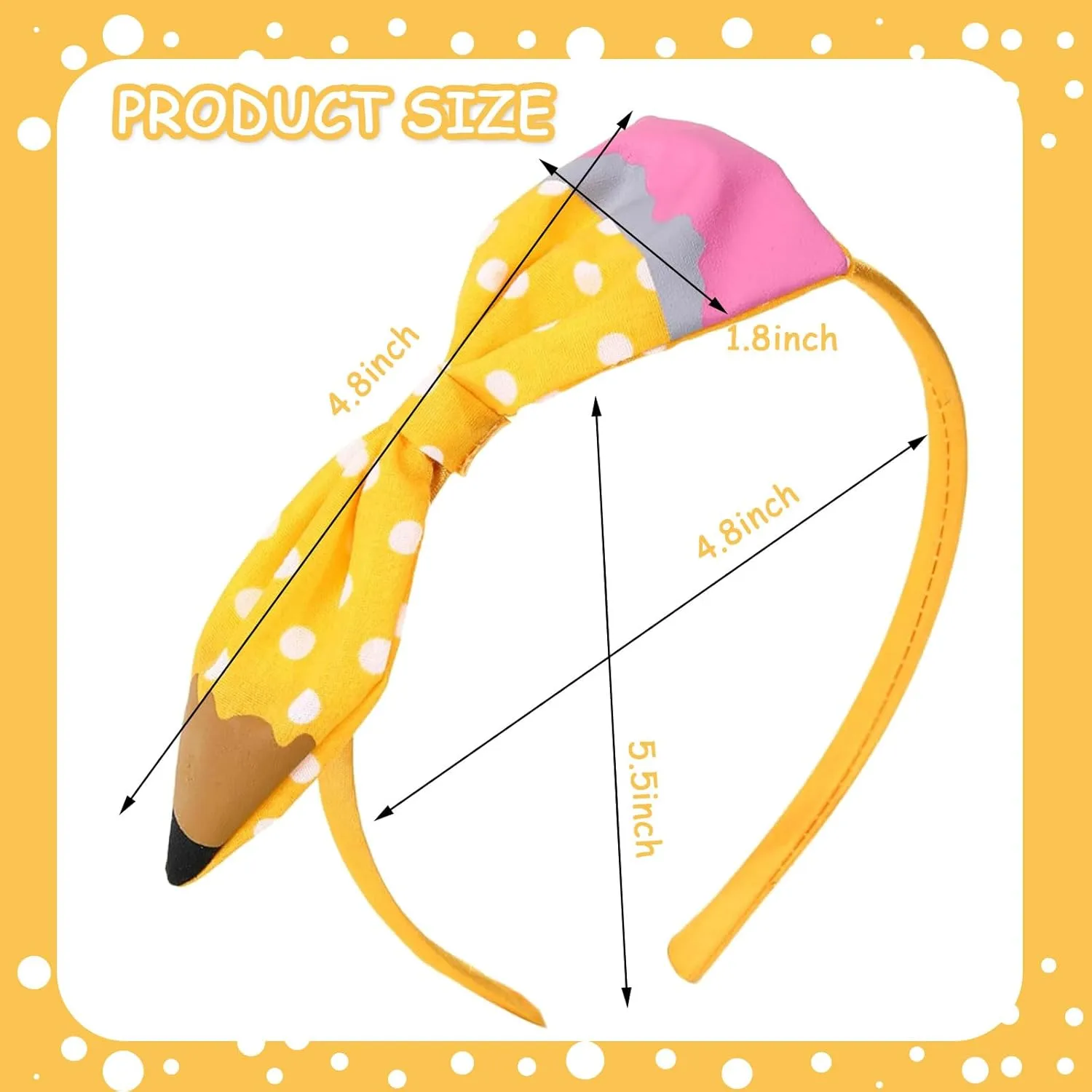 Back to School Headband Yellow Pencil Hair Accessories for Women Girls Wave Point Big Bow Hair Decoration Students Teachers Outfits Non Slip Hair Band First Day of School Decor Supplies 1 Pcs