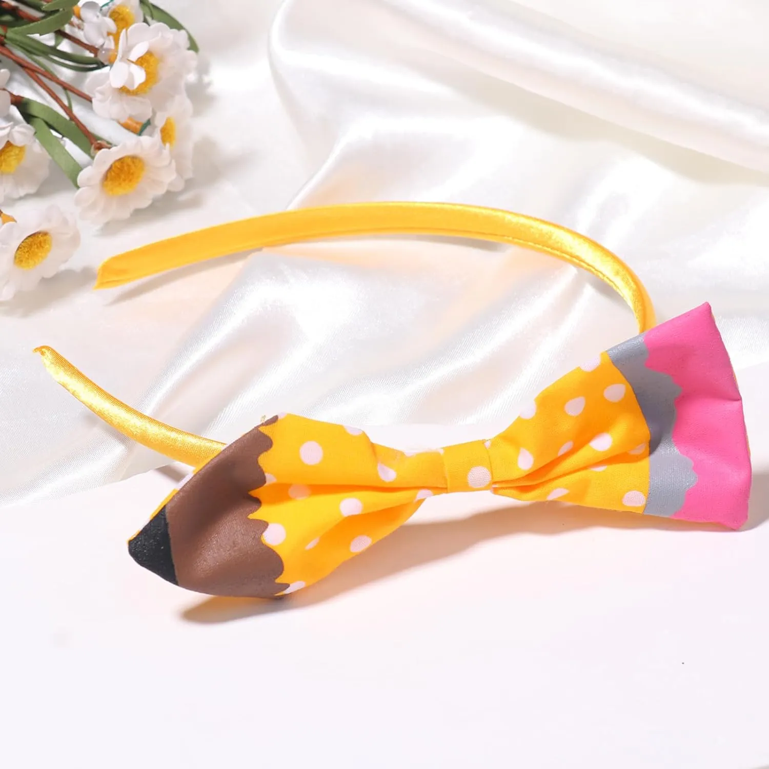 Back to School Headband Yellow Pencil Hair Accessories for Women Girls Wave Point Big Bow Hair Decoration Students Teachers Outfits Non Slip Hair Band First Day of School Decor Supplies 1 Pcs