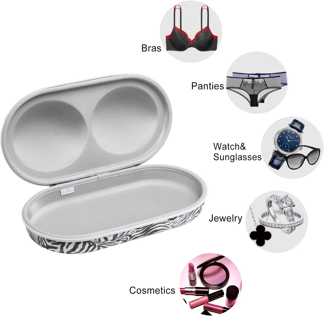 Bra Case Premium Lingerie Travel Bag Zip Underwear Organizer Bag for A-C Cup (Zebra)