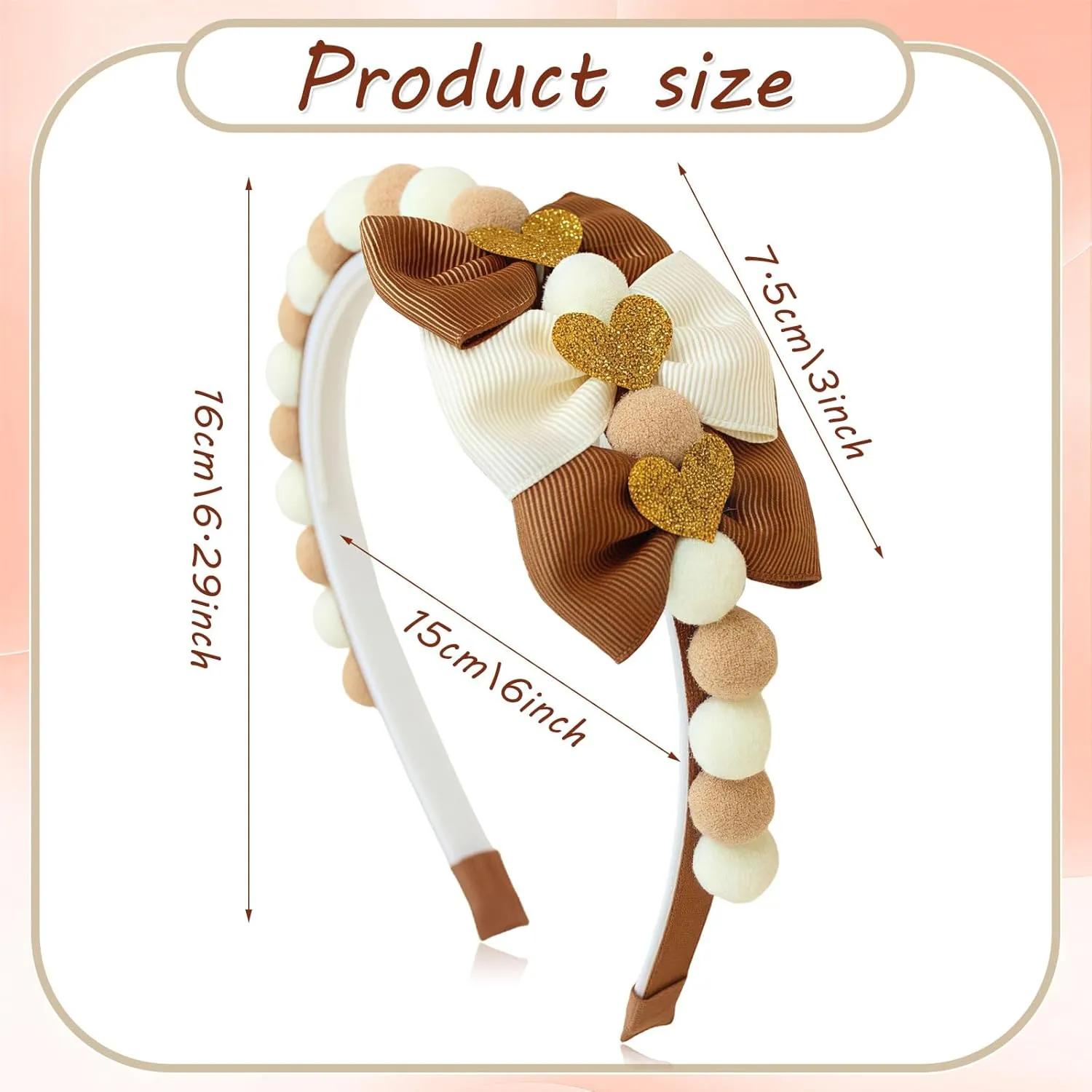 Brown Bow Headband Spring Summer Hair Accessories for Girls Women, Cute Bows Glitter Hearts Hair Band Non Slip Headbands Summer Outfit Party Supplies Decoration